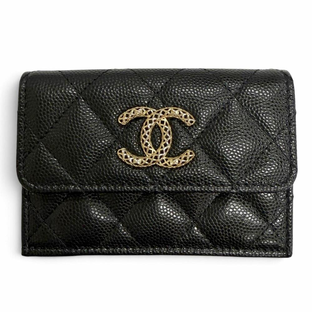 CHANEL AP4319 Caviar Skin Coco Mark Matelassé Classic Small Flap Wallet Tri-f...